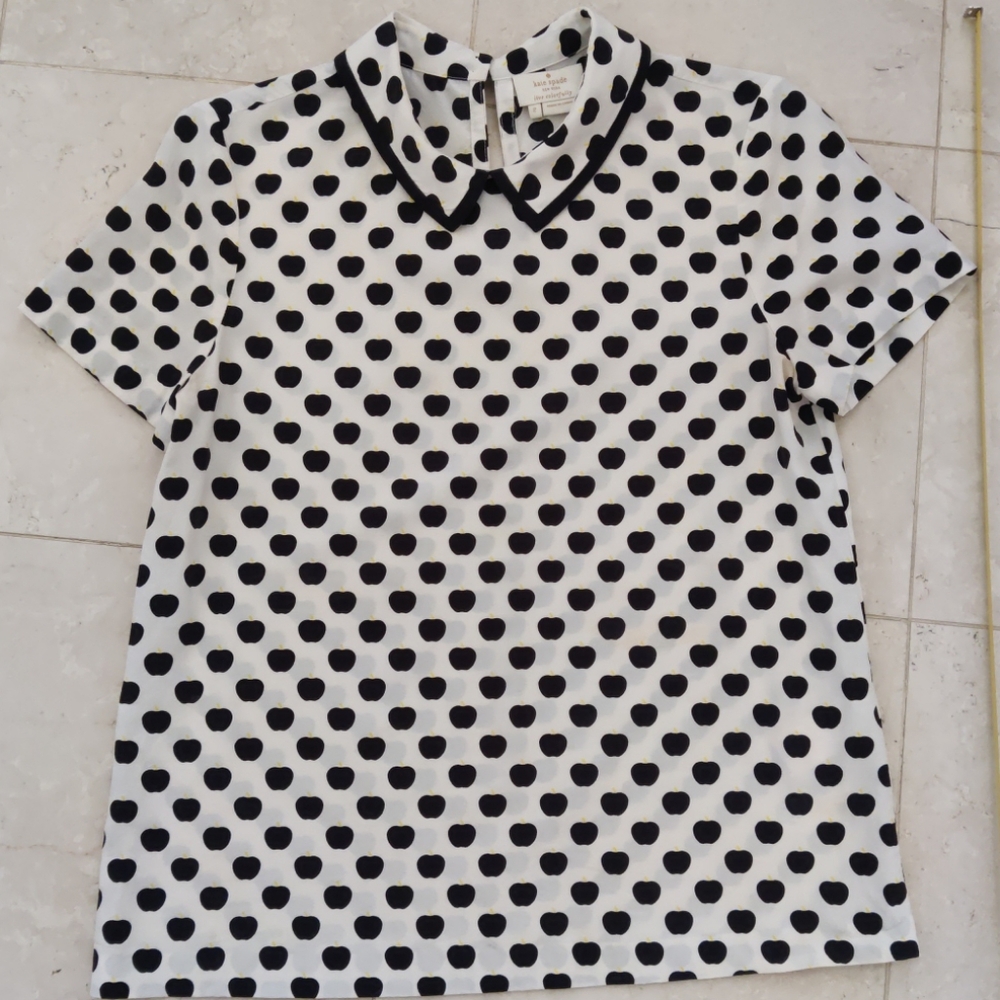 Kate Spade Silk Sierra Top Black New York Apple Collared Blouse 2 NWOT
